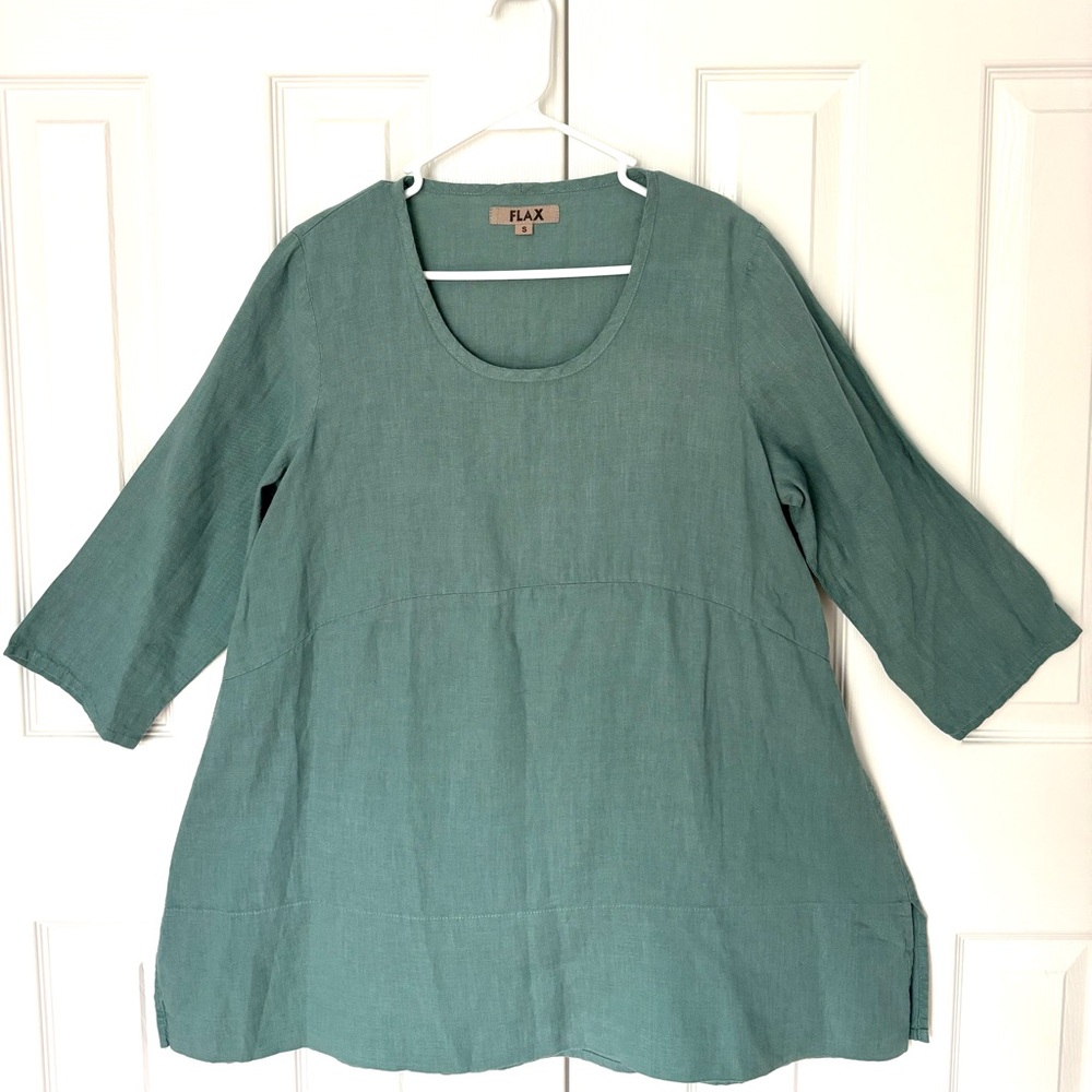 Flax round neck tunic 100% linen with 3/4 sleeves size small green